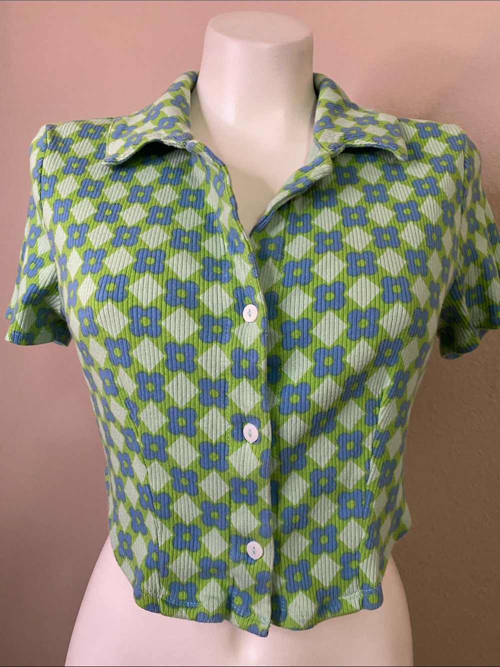 wild fable Ribbed Floral Knit button front crop collar Top 💚💙